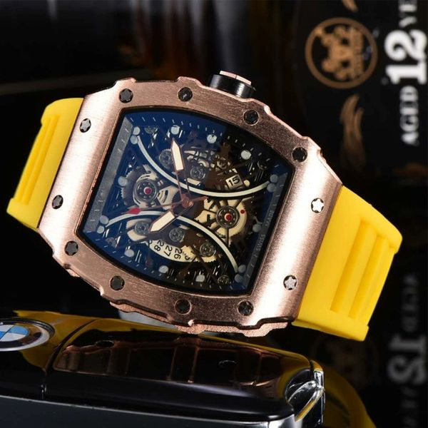 

mens watches quartz movement designer skeleton automatic datejust calendar luxury yellow wristwatches fashion rubber silicone leisure wrist, Slivery;brown