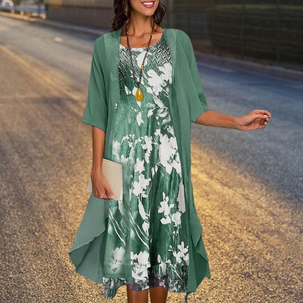 

casual dresses 1 set office lady cardigan dress floral print twopiece ladies dress suit vintage large hem chiffon midi dress set for daily 2, Black;gray