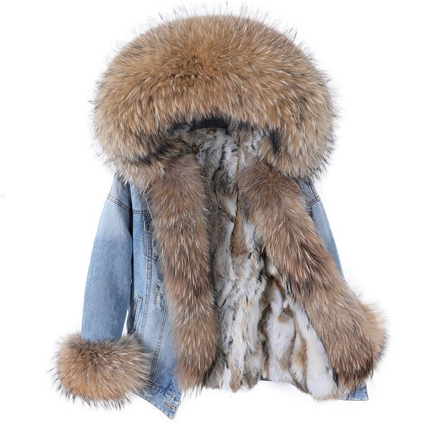 

women's fur faux maomaokong denim jacket parka winter women parkas real collar coat natural raccoon hood rabbit liner luxury 221125, Black