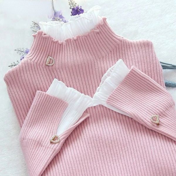 

women's sweaters korean patchwork warm sweater women elegant long sleeve slim turtleneck knitted pink chic ruffle pullover fake 2 piec, White;black