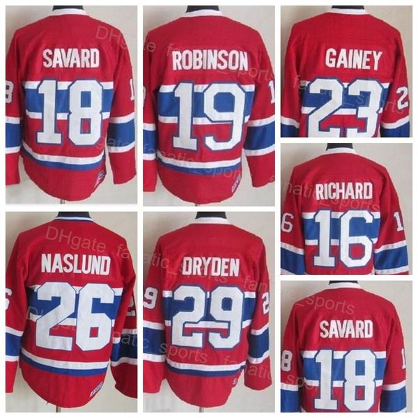 

men vintage ice hockey 19 larry robinson jersey retro 23 bob gainey 26 mats naslund 16 henri richard 18 serge savard 4 jean beliveau 1 jacqu, Black;red