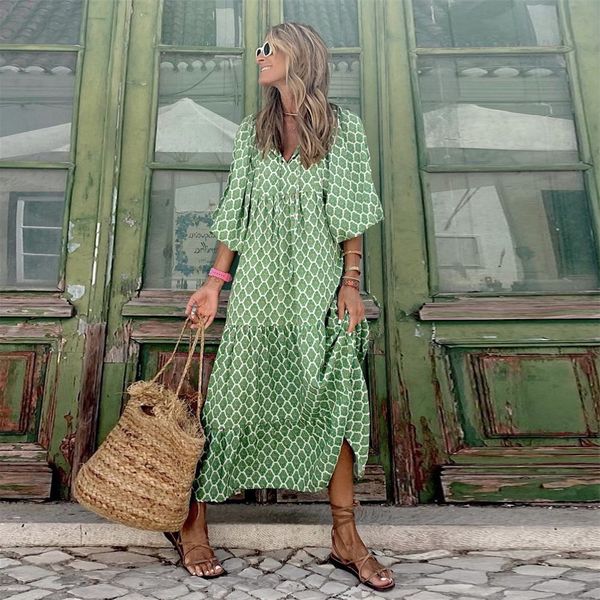

casual dresses women puff sleeve long dresses summer fashion half sleeve v neck anklelength geometric collage dress female vintage beach dre, Black;gray