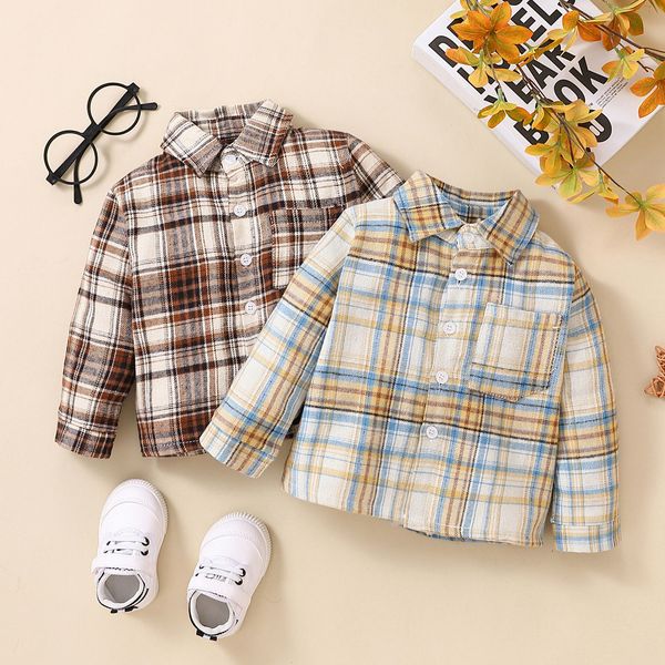 

down coat kids toddler infant baby boys girls shirt jacket plaid long sleeve lapel button fall outwear 221125, Blue;gray