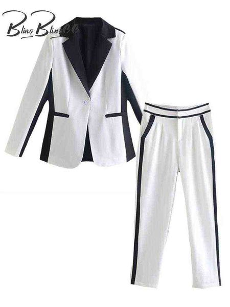 

blingblingee 2022 spring women casual traf jacket black white patchwork slim blazer suits ankle pants office lady 2 piece sets j220813, White;black