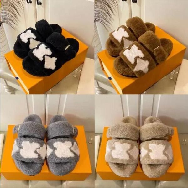 

womens boots ladies wool slides winter fur fluffy furry warm letters sandals comfortable fuzzy sheet girl flip flop tlmkv, Black