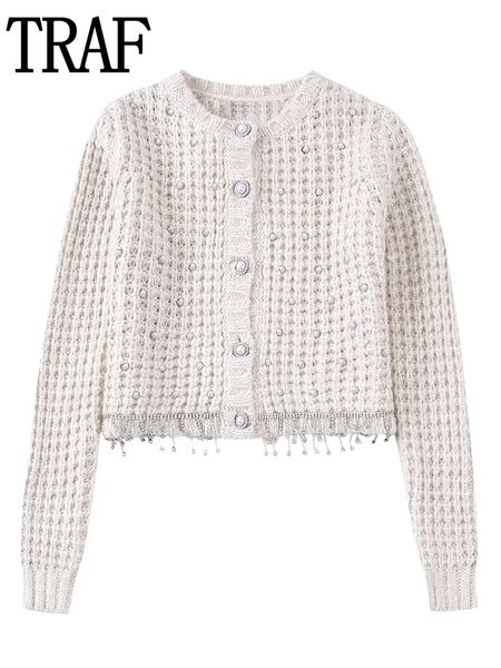 

women's knits tees traf beige knitted cardigan woman beads cropped cardigan women long sleeve autumn sweater female faux pearl button c, White