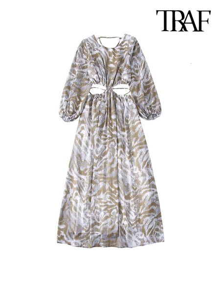 

casual dresses traf women fashion with hollow out printed midi dress vintage puff sleeves elastic straps female vestidos mujer 221125, Black;gray