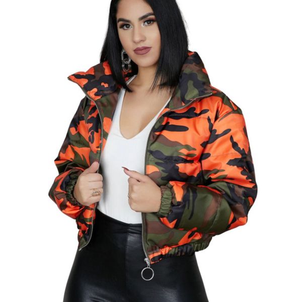 

women's down parkas winter women short parkas high collar full sleeve zipper camouflage print coat high street outer night club jacket, Black