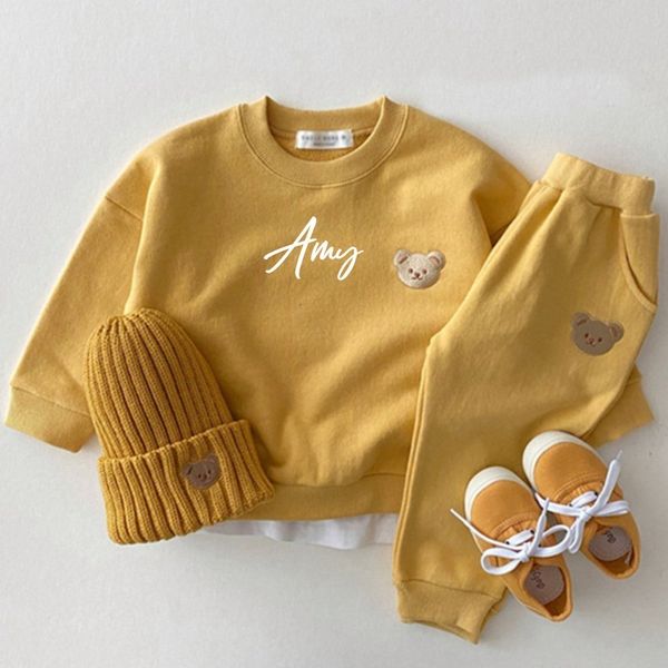 

family matching outfits personalized toddler baby boy girl fall clothes sets clothing set kids sports bear sweatshirt pants 2pcs suits 22112, Blue