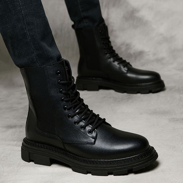 

boots england style men's fashion stage nightclub wear cowboy boots trend platform shoes genuine leather boot military short botas man, Black