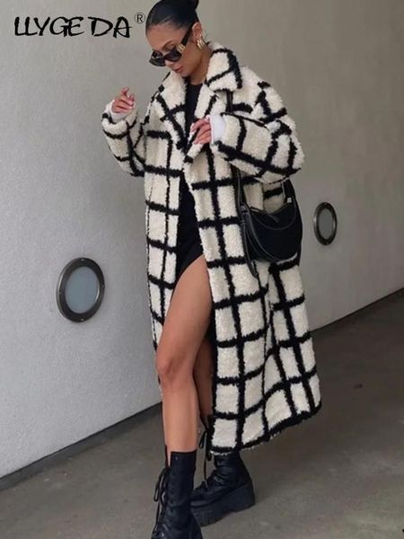 

women's wool blends faux lamb woolen women coat plaid long winter female check trench coats thick streetwear black white lady warm midi