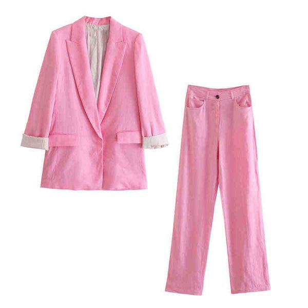 

xikom 2021 women two piece set vintage pink cotton linen office lady blazer jacket female fashion slim high waist pants suits j220813, White;black