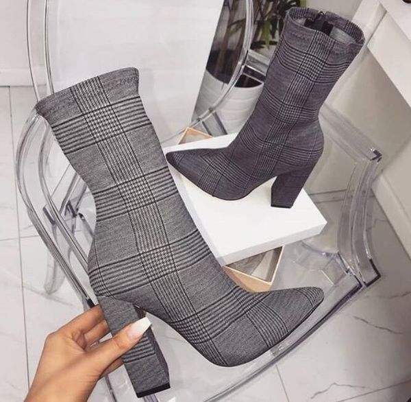 

women stripes plaid elastic ankle boots pointed toe square heels zipper chelsea boots botas de mujer, Black