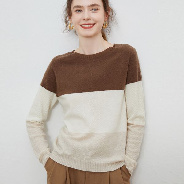 

women's sweaters autumn and winter color matching round neck sweater women's pullover allmatch thin sweater loose 100 wool sweater, White;black