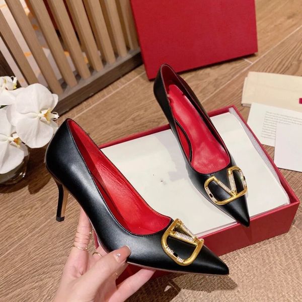 

designer high heels pointed shoes brand pumps genuine leather black white nude matte gold buckle thin heel 6cm 8cm 10cm women wedding shoes