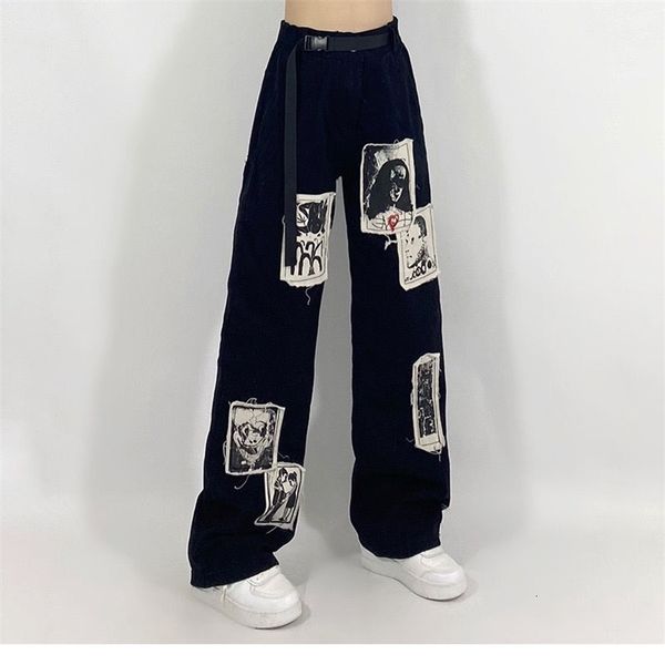 

women's jeans grunge punk patchwork black women hip hop streetwear print oversize wide leg trousers 90s vintage fashion pants 221125, Blue
