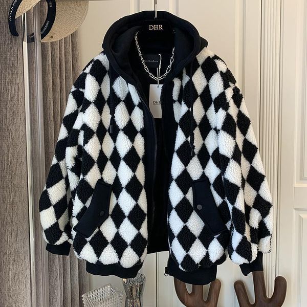 

women's jackets winter warm retro checkerboard lamb wool coat women personality street casual hooded loose fake two-piece female jacket, Black;brown