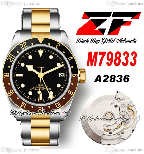 

zf gmt 7983 a2836 automatic mens watch 41mm coke brown bezel black dial two tone yellow gold stainless steel bracelet super edition watches, Slivery;brown
