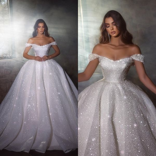 

2023 luxurious off shoulder bling sequins ball gown wedding dress crystals arabic bridal gowns bc14723s b1128s, White