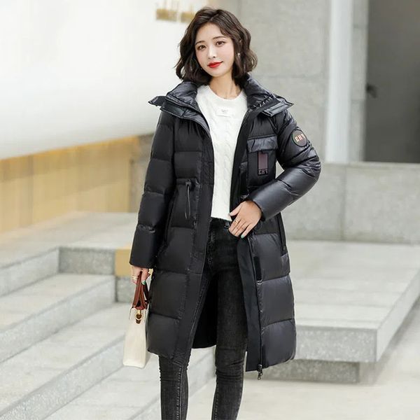 

women's vests bright face down jacket women's midlength hooded fashion parkas pull rope waist thick warm white duck down coat fema, Black;white