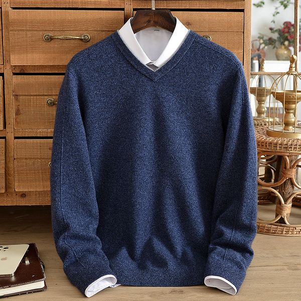 

men's sweaters autumn and winter 100 pure cashmere sweater men's vneck thickening middleaged thickening solid color business sweat, White;black