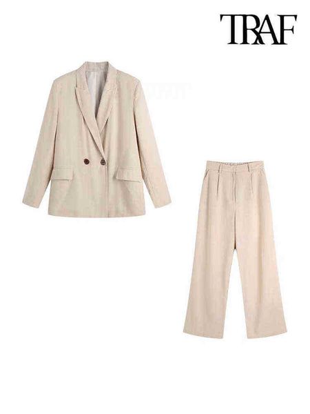 

suit traf women fashion double breasted linen blazer coat vintage high elastic, White;black