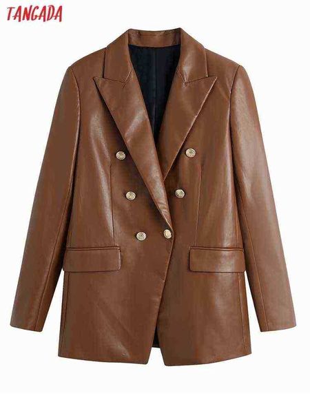 

suit tangada women brown faux leather blazer jacket vintage double breasted lon, White;black