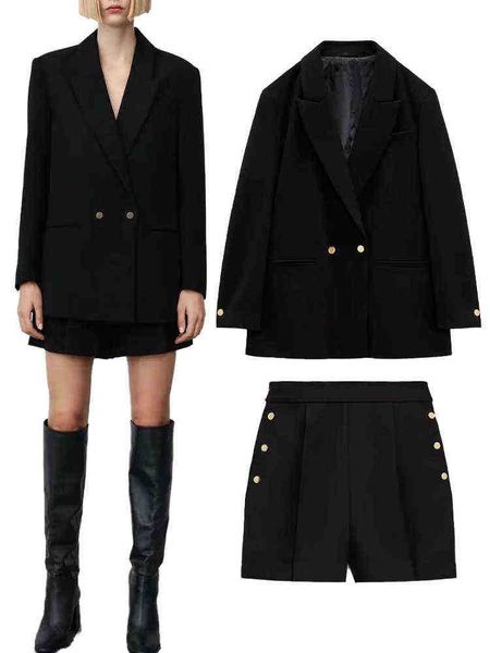 

za winter new products women simple casual lapels pocket doublebreasted jacket breasted high waist shorts commuter suit j220813, White;black