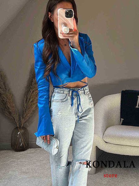

kondala vintage solid blue satin short blazers women long sleeves v neck tie up fashion 2022 jackets female elegant mujer j220813, White;black