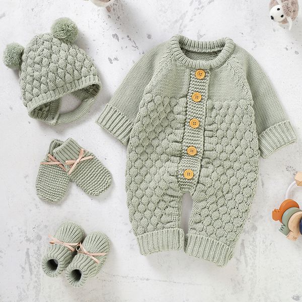 

rompers born baby romper shoes gloves set knit girl boy jumpsuit boot mitten solid toddler infant long sleeve clothing 4pc fall 018m 221125, Blue