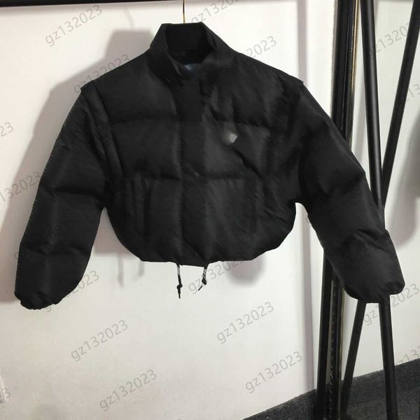 

puffer coat womens down parkas chest triangle logo letter striped jacquard high collar winter coats removable long sleeve hem draws rope war, Black