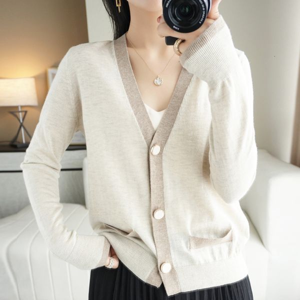 

women's knits tees fashion autumn and winter women's vneck colorful knitted cardigan korean loose comfortable and versatile sweate, White