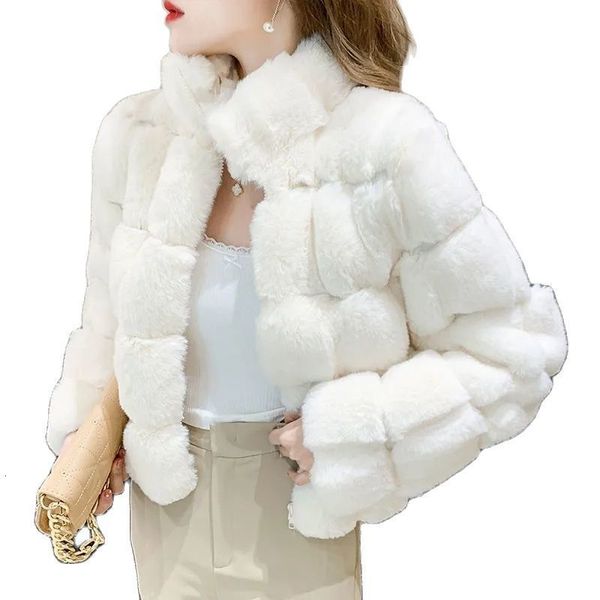 

women's wool blends winter hairy add thick fashion high collar warm imitation rabbit fur women's coat lambswool grain wool female, Black
