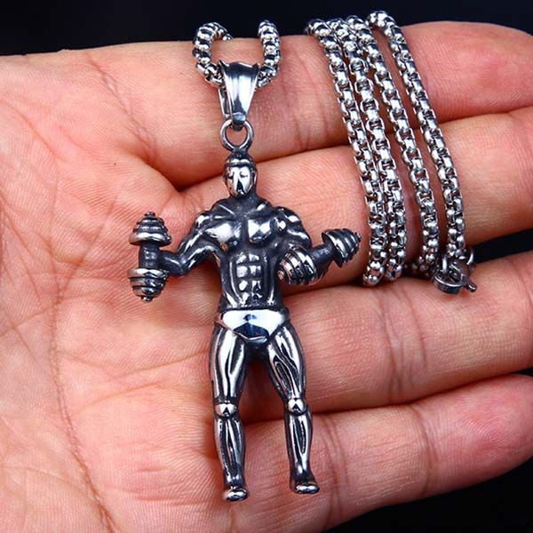 

stainless steel bodybuilder necklace ancient silver man dumbbell pendant necklaces with chain hip hop jewelry will and sandy