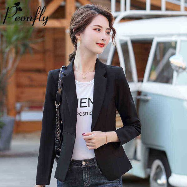 

peonfly new 2022 spring fashion blazer jacket women casual single button pockets long sleeve jacket office lady solid slim blazers j220813, White;black