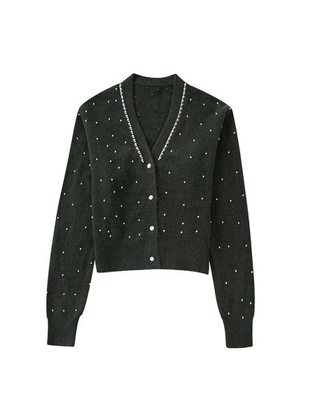 

women's knits tees women fashion pearl ornaments knitting cardigan sweater vintage long sleeve female outerwear chic 221128, White