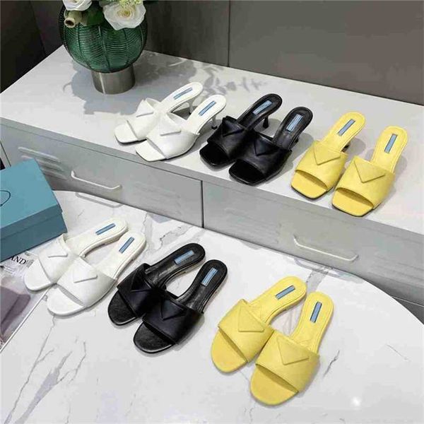 

prad 2022 designer women sandals square toe genuine leather slippers fashion flat flip flops high heel sandal beach slides l bath fasion u82, Black