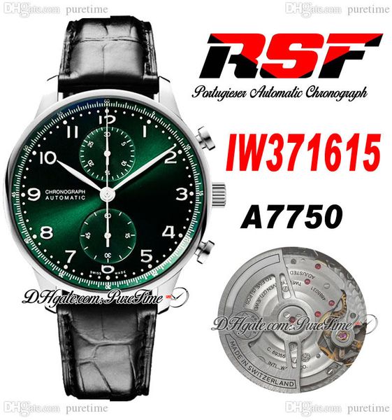 

rsf iw3716 a7750 automatic chronograph mens watch 41mm steel case green dial silver markers black leather strap super edition eta watches pu, Slivery;brown