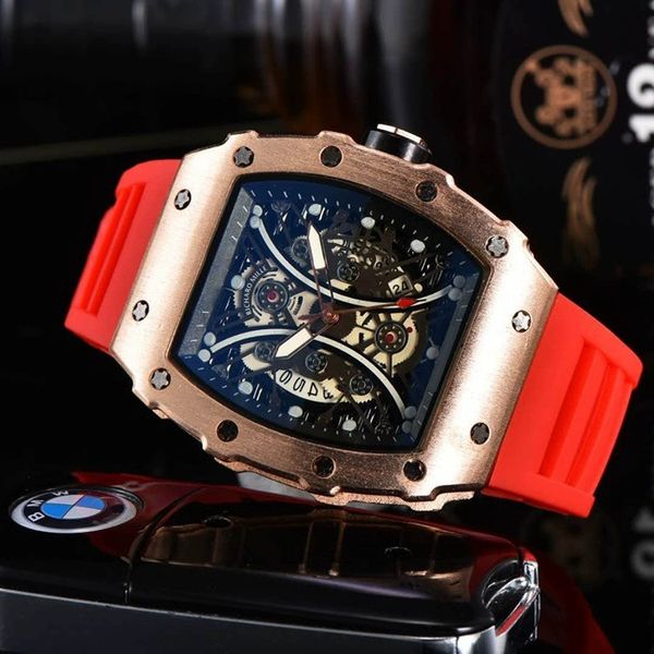 

skeleton designer watch quartz movement automatic calendar date men watches luxury fashion mens rubber silicone clock leisure wrist hollow w, Slivery;brown