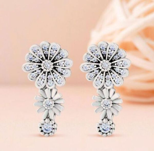 

925 sterling silver sparkling daisy flower trio stud earrings fits european pandora style jewelry fashion earrings, Golden;silver