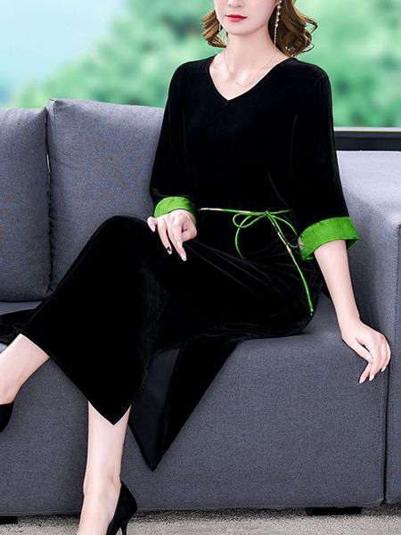

casual dresses midi black women elegant vintage dress autumn vneck tunics velvet prom evening dresses korean fashion bodycon robe longue 221, Black;gray