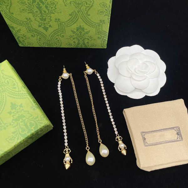 

luxury pearl bee charm earrings long diamond tassel studs rhinestone pendant eardrops with box, Golden