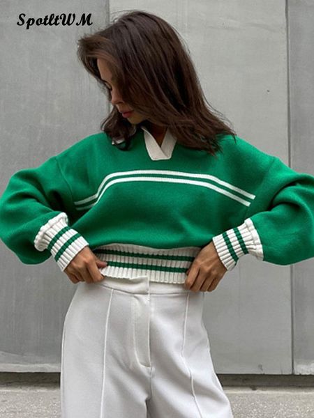 

women's sweaters women lapel striped color contrast knitted sweaters vintage long sleeve crop pullover female autumn woolen sweater 22, White;black