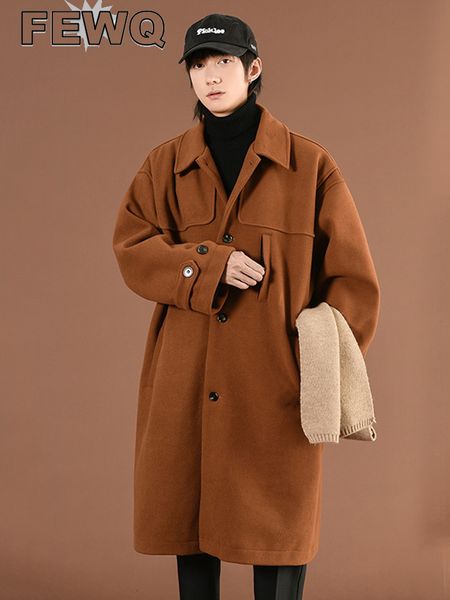 

men's wool blends fewq korean style fashion solid color kneelength woolen coat autumn winter lapel niche pocket design 24a1143 221125, Black