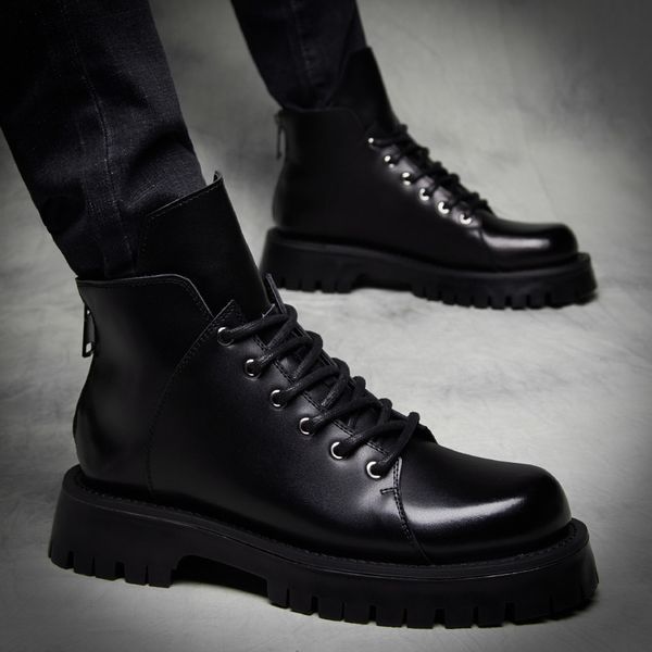 

boots korean style men leisure genuine leather boots handsome platform shoes autumn winter ankle boot cowboy botas masculinas sapatos 221128, Black