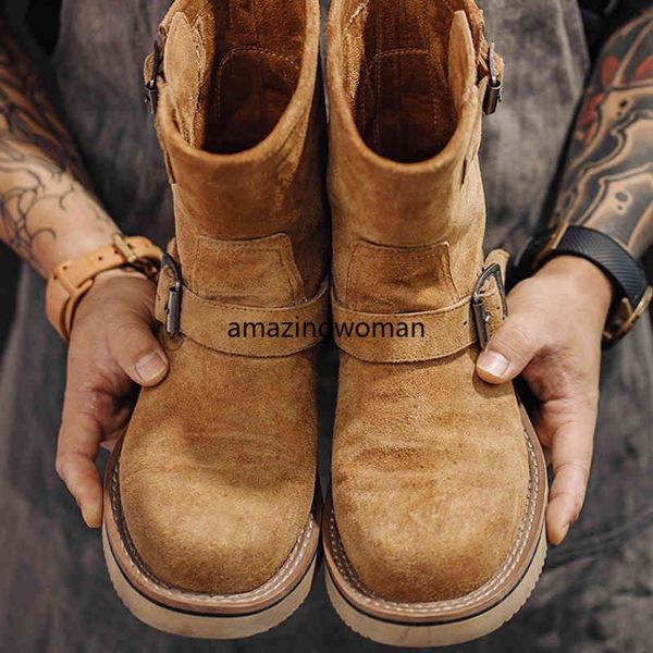 

snow boots men cow suede retro american engineer mid-barrel motorcycle flat sole solid warm soft martin, Black