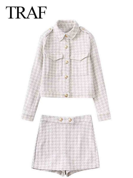 

suit traf chic button jacket shorts women clothing set fashion premium plaid pr, White;black