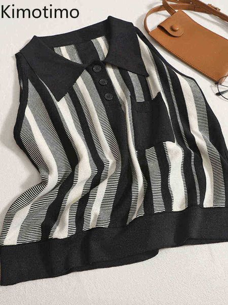 

women's sweaters kimotimo lapel vertical striped sweater vest women 2022 summer sleeveless pullover korean chic design loose vintage kn, White;black
