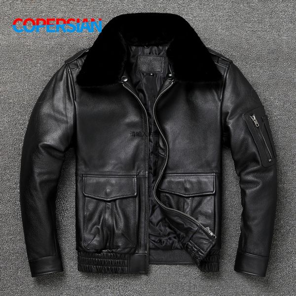 

men's leather faux a2 bomber jacket classic style oversize fur collar flight coat genuine leather jacket addition warm cotton 221124, Black