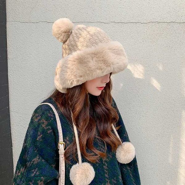 

cloches 2022 new wool hat women's winter cute wool ball pullover hat warm and plush ear protection riding lei feng hat, Blue;gray